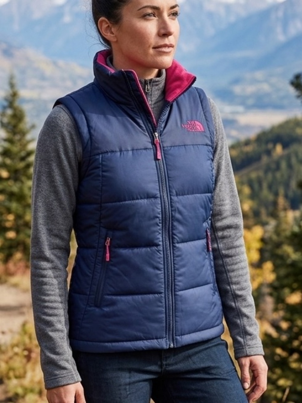 North Face Everyday Navy Blue Pink Puffer Vest- Small - Excellent Condition!